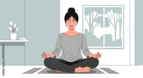 Peaceful woman meditating in lotus pose at home, minimalist vector illustration