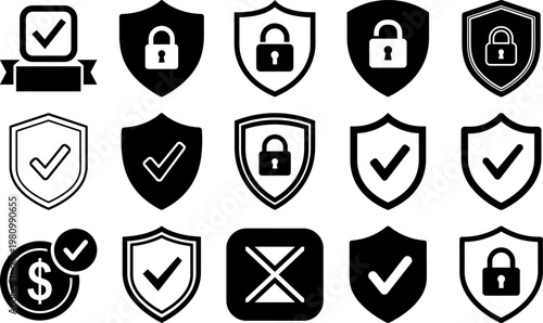 Security icons with shields and locks and checkmarks