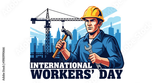 Flat style illustration of construction worker with helmet and tools at building site with cranes, highlighting Labor Day and International Workers Day appreciation for skilled labor