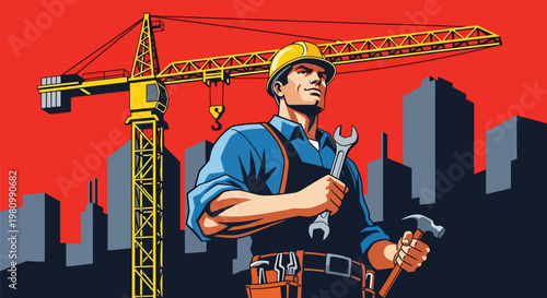 Flat style illustration of construction worker with helmet and tools at building site with cranes, highlighting Labor Day and International Workers Day appreciation for skilled labor