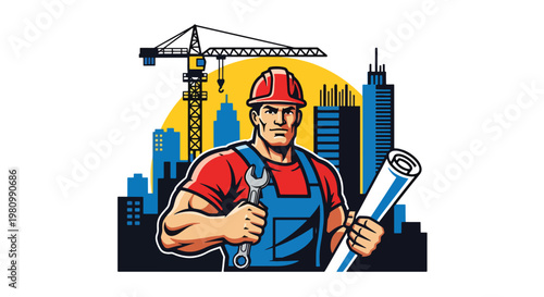 Flat style illustration of construction worker with helmet and tools at building site with cranes, highlighting Labor Day and International Workers Day appreciation for skilled labor
