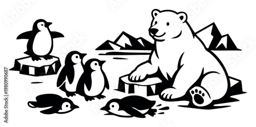 Polar bear and several penguins playing together on ice floes and in water, symbolizing unity and coexistence in polar regions