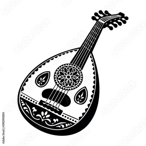 Oud icon representing traditional Middle Eastern music and culture. Stringed instrument, a lute, with intricate decorative patterns