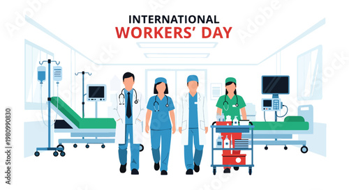 Flat style illustration of healthcare workers team in hospital corridor, celebrating Labor Day and International Workers Day recognition for medical professionals and frontline staff