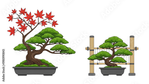 Vector 2D CAD illustrations of bonsai trees in pots with autumn leaves