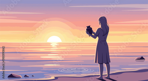 Serene woman holds an urn at sunset on the beach, scattering ashes into the sea