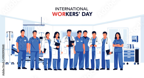 Flat style illustration of healthcare workers team in hospital corridor, celebrating Labor Day and International Workers Day recognition for medical professionals and frontline staff