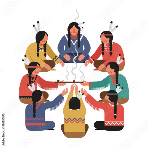 Flat illustration of a Native American circle ceremony with a smoking pipe