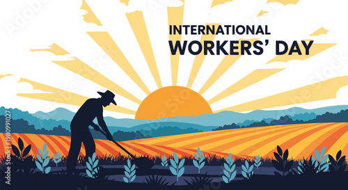 Flat style illustration of farmer working in crop field with sunrise sky, highlighting International Workers Day and Labor Day appreciation for agriculture and food production workers