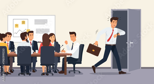 Anxious businessman arriving late for his office meeting while colleagues watch