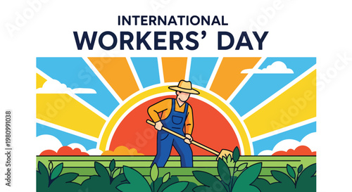 Flat style illustration of farmer working in crop field with sunrise sky, highlighting International Workers Day and Labor Day appreciation for agriculture and food production workers