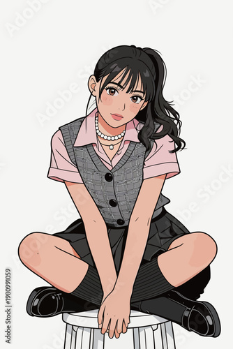 Anime-style schoolgirl in uniform sitting pose