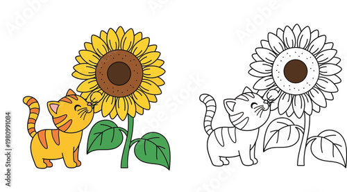 Cute Ginger Kitten Sniffing a Sunflower Cartoon Illustration and Black and White Line Art Coloring Page for Kids