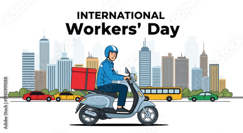 Flat style illustration of delivery worker riding scooter in urban street, celebrating Labor Day and International Workers Day for logistics, transportation, and service workers