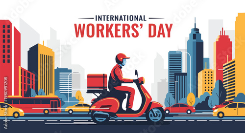 Flat style illustration of delivery worker riding scooter in urban street, celebrating Labor Day and International Workers Day for logistics, transportation, and service workers