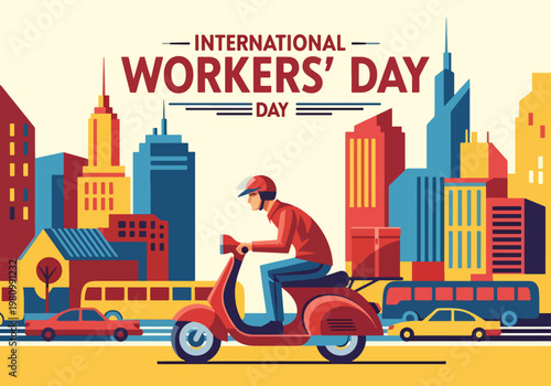 Flat style illustration of delivery worker riding scooter in urban street, celebrating Labor Day and International Workers Day for logistics, transportation, and service workers