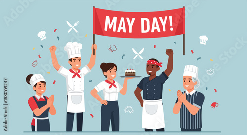 Happy diverse chefs celebrate International Workers' Day with a red banner