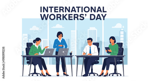 Flat style illustration of office workers collaborating at desks with city view, representing International Workers Day and Labor Day teamwork, productivity, and modern workplace culture