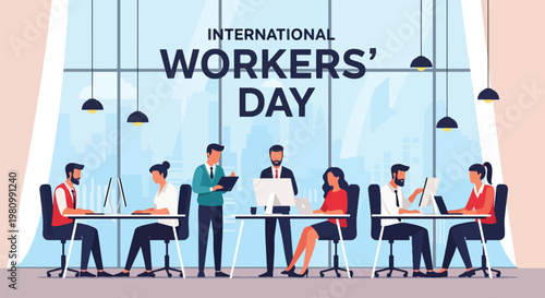 Flat style illustration of office workers collaborating at desks with city view, representing International Workers Day and Labor Day teamwork, productivity, and modern workplace culture