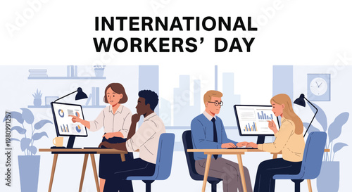 Flat style illustration of office workers collaborating at desks with city view, representing International Workers Day and Labor Day teamwork, productivity, and modern workplace culture