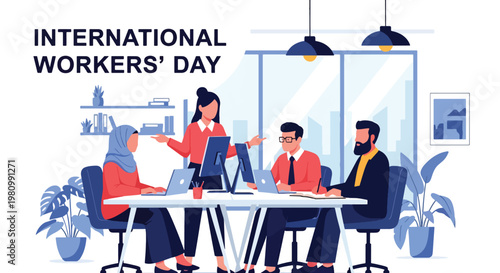 Flat style illustration of office workers collaborating at desks with city view, representing International Workers Day and Labor Day teamwork, productivity, and modern workplace culture