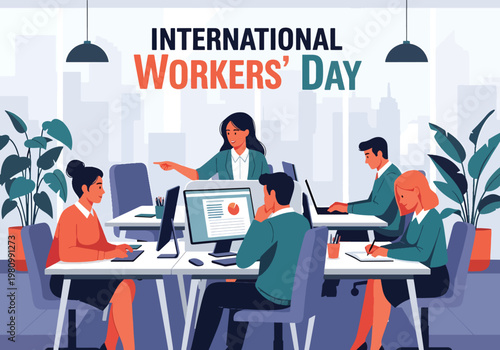 Flat style illustration of office workers collaborating at desks with city view, representing International Workers Day and Labor Day teamwork, productivity, and modern workplace culture