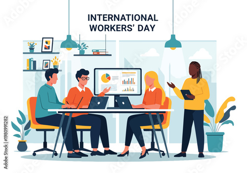 Flat style illustration of office workers collaborating at desks with city view, representing International Workers Day and Labor Day teamwork, productivity, and modern workplace culture