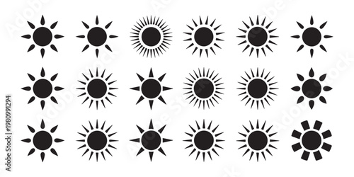 Array of sun symbols and icons showcasing sunrise sunset daytime variations and weather elements on transparent background.