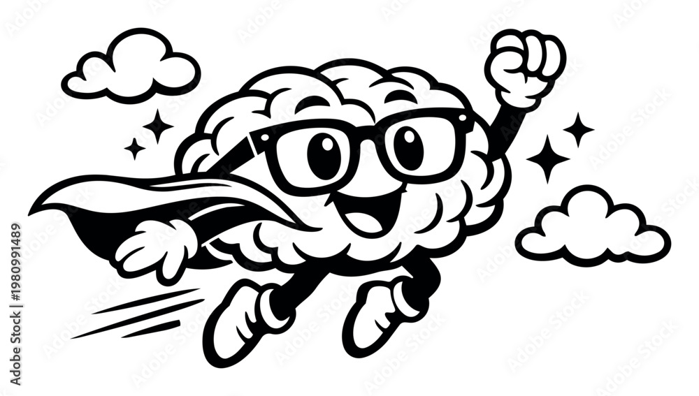Fototapeta premium Happy brain character wearing a cape and glasses, flying through the sky, symbolizing smart ideas, wisdom, and thinking power