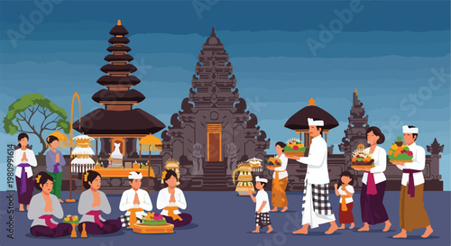 Balinese Hindu religious ceremony with people praying and making offers at Pura