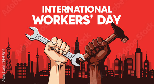 Flat style illustration of raised fists holding tools with city skyline background, symbolizing International Workers Day and Labor Day solidarity, strength, and worker unity