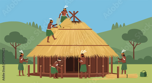 Indigenous people constructing a large traditional thatched hut in the outdoors