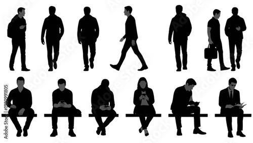 Vector 2D CAD illustrations of people in various poses and activities.