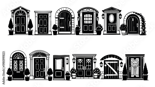 Variety of house doorways in black and white silhouette, showing entrance architecture, home aesthetics, and security