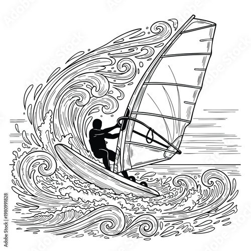 Dynamic Illustration of a Person Wind Surfing on Ocean Waves
