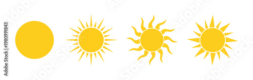 Sun vector collection with yellow circle icons and abstract radiant rays for weather forecast flat web design.