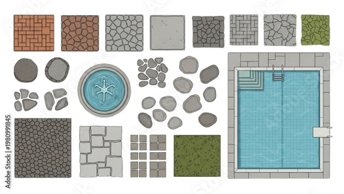 Vector 2D CAD designs for a backyard pool area with various paving stone patterns and shapes