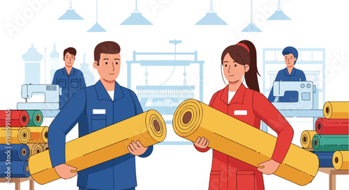 Garment factory employees holding fabric rolls in an industrial sewing workshop