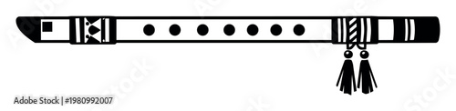 Indigenous style woodwind instrument, featuring geometric patterns and tassels, symbolizing cultural heritage and traditional music