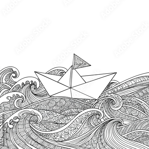 Coloring Page of a Paper Boat Floating on Artistic Ocean Waves