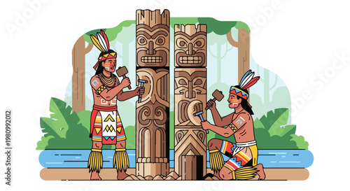 Two indigenous men carving large wooden totem poles in a lush forest by a river