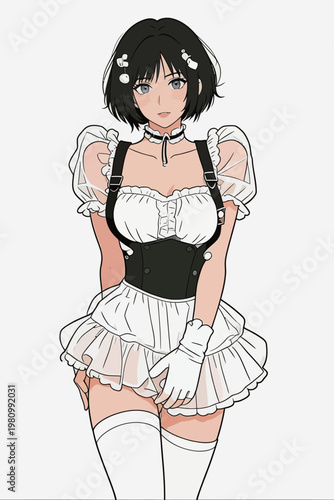 Anime Girl in Short Black Hair and Maid Outfit