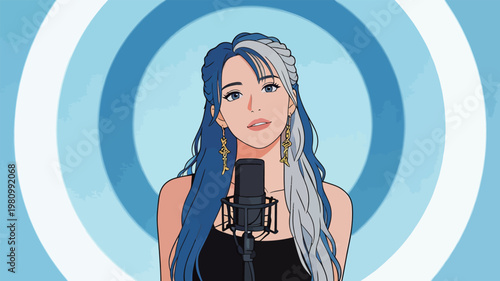 Illustrated Female Singer with Blue and White Hair