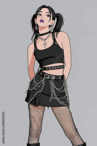 Stylish Goth Girl in Black Punk Fashion Outfit