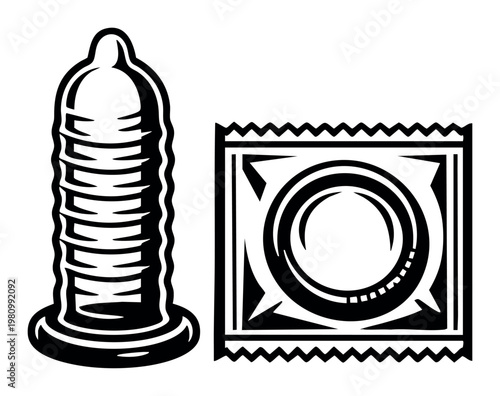 Condom showing ribbed texture next to a sealed package, illustrating birth control and STD prevention concepts