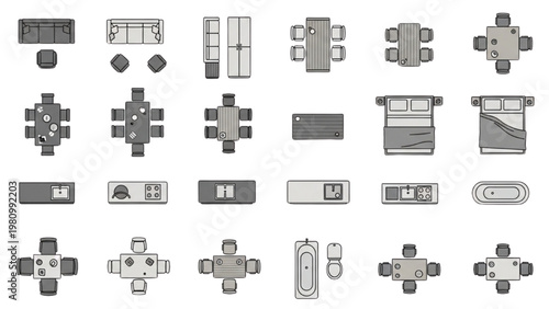 Various vector 2D CAD icons and symbols arranged on a clean white surface