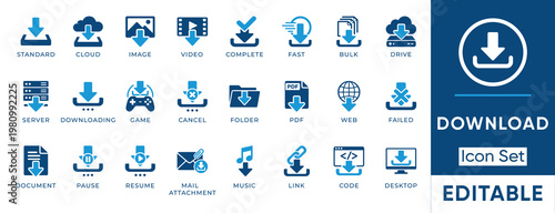 Download icon set. Containing cloud, server, document, pdf, folder, music, game, video and more. Solid vector icons collection.