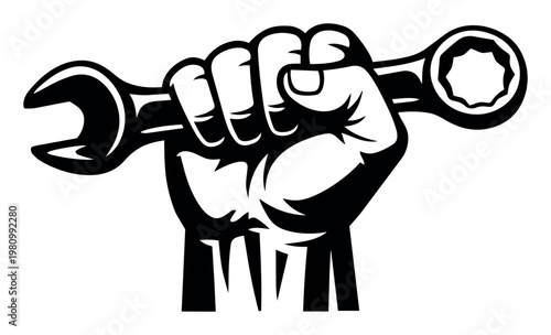 Worker's raised hand clenched in a fist, holding a wrench, representing collective power, labor movement, and activism