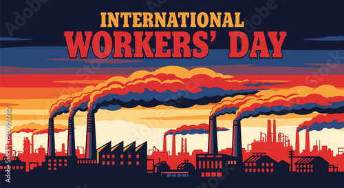 Flat style illustration of factory skyline with smoke and sunset sky, representing International Workers Day industry, labor contribution, and economic development