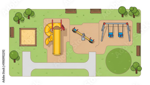 Aerial view of a playground with swings and slide in vector 2D CAD design